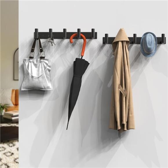 Black Hat and Coat Wall Mount Rack 5 Hooks for Robes, Bags - Picture 6 of 14